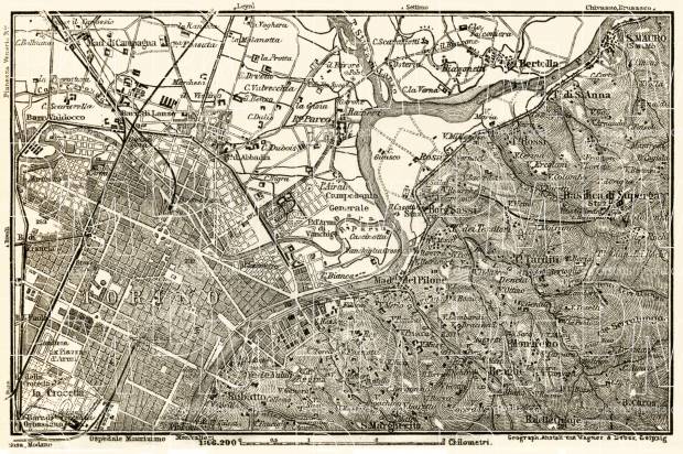 Turin (Torino), environs map, 1913. Use the zooming tool to explore in higher level of detail. Obtain as a quality print or high resolution image
