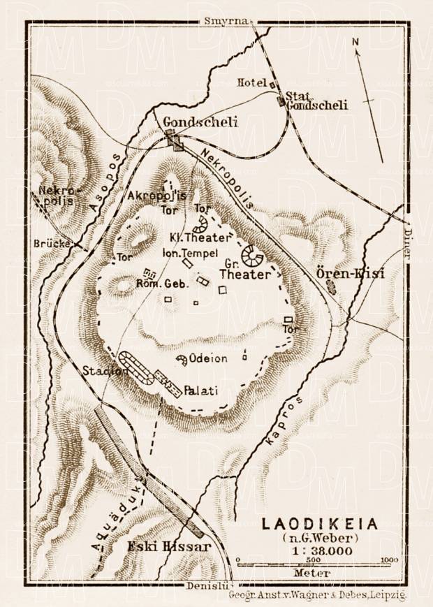 Old map of the site of ancient Laodicea on the Lycus in 1914. Buy vintage map replica poster