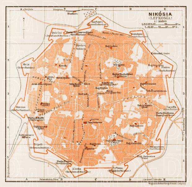 Nikosia (Lefkosia, Lefkoşa) city map, 1914. Use the zooming tool to explore in higher level of detail. Obtain as a quality print or high resolution image