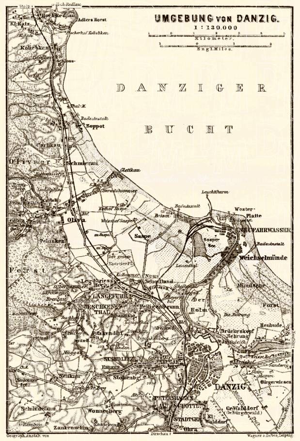 Danzig (Gdańsk) environs map, 1887. Use the zooming tool to explore in higher level of detail. Obtain as a quality print or high resolution image
