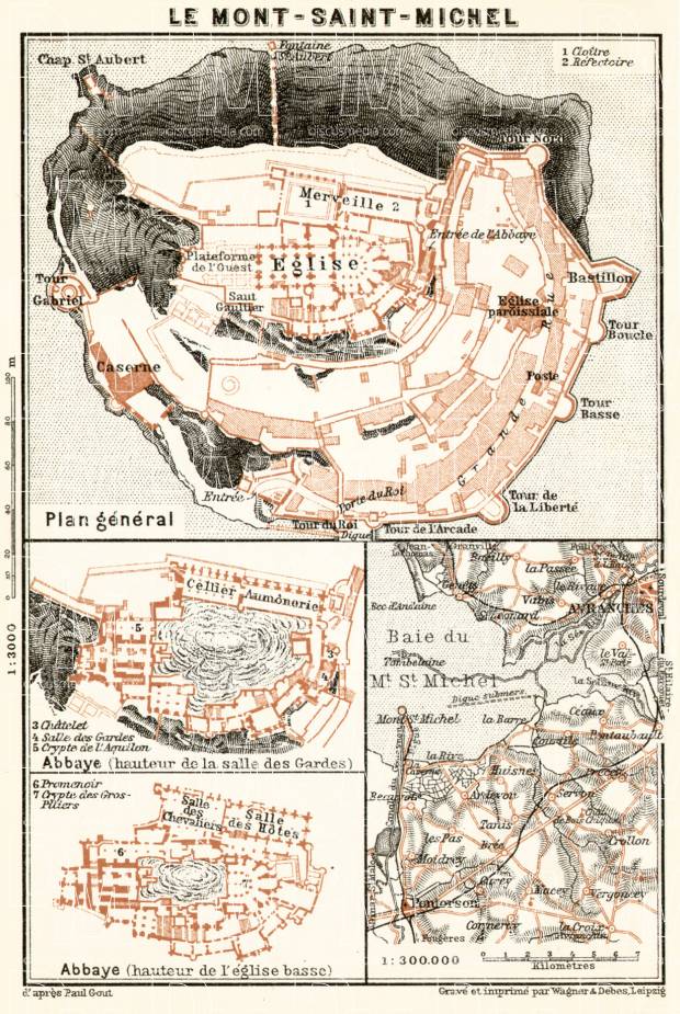 Old map of Mount Saint Michael (Mont Saint Michel) and vicinity in 1909. Buy vintage map replica