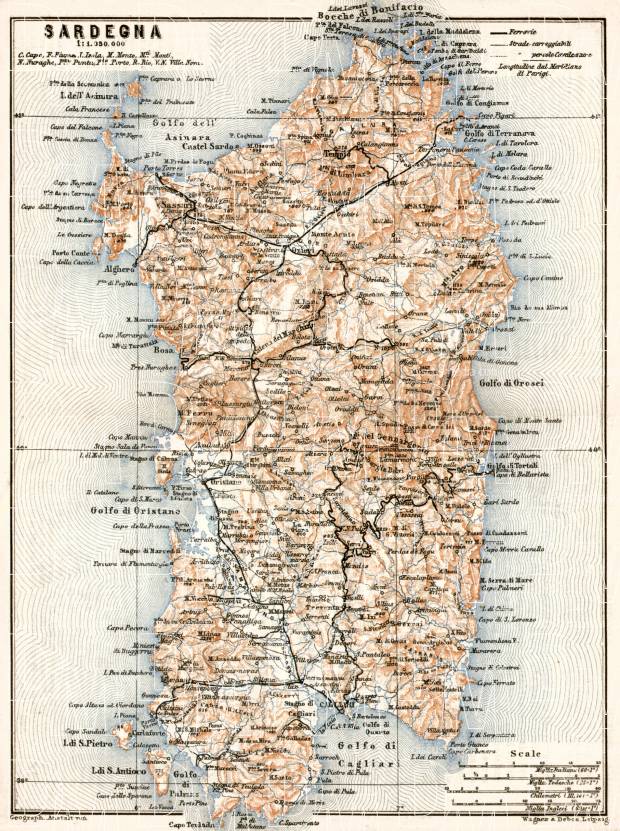 Old map of Sardinia (Sardegna) in 1912. Buy vintage map replica poster  print or download picture