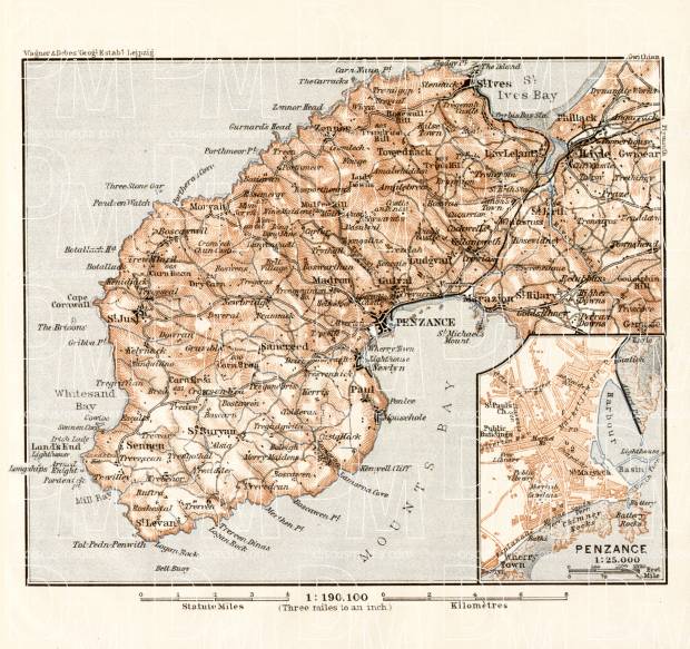 The Land´s End map with Penzance town plan, 1906. Use the zooming tool to explore in higher level of detail. Obtain as a quality print or high resolution image
