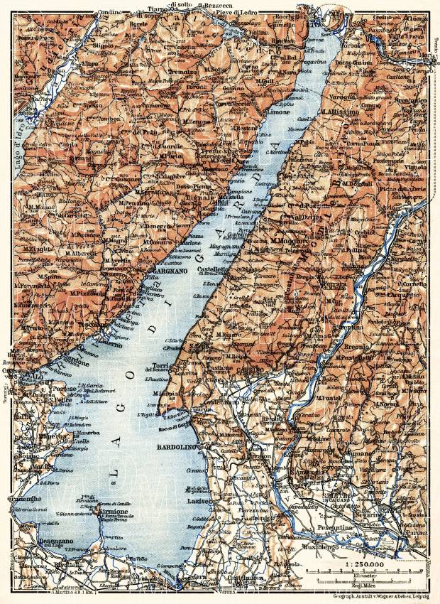 Garda lake area map, 1908. Use the zooming tool to explore in higher level of detail. Obtain as a quality print or high resolution image