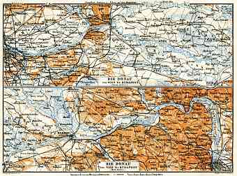 Danube River course map from Vienna to Budapest, 1913