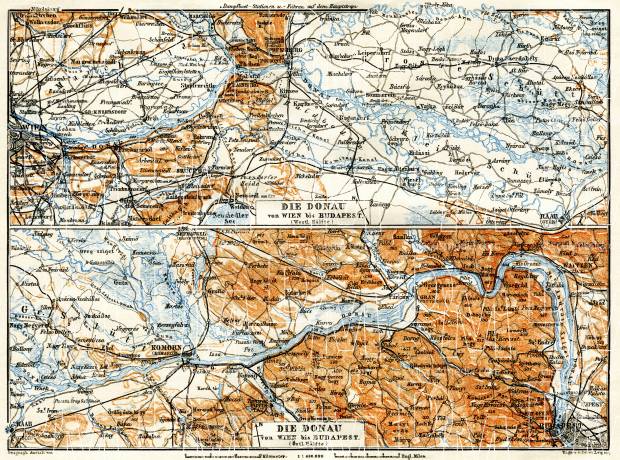 Danube River course map from Vienna to Budapest, 1913. Use the zooming tool to explore in higher level of detail. Obtain as a quality print or high resolution image