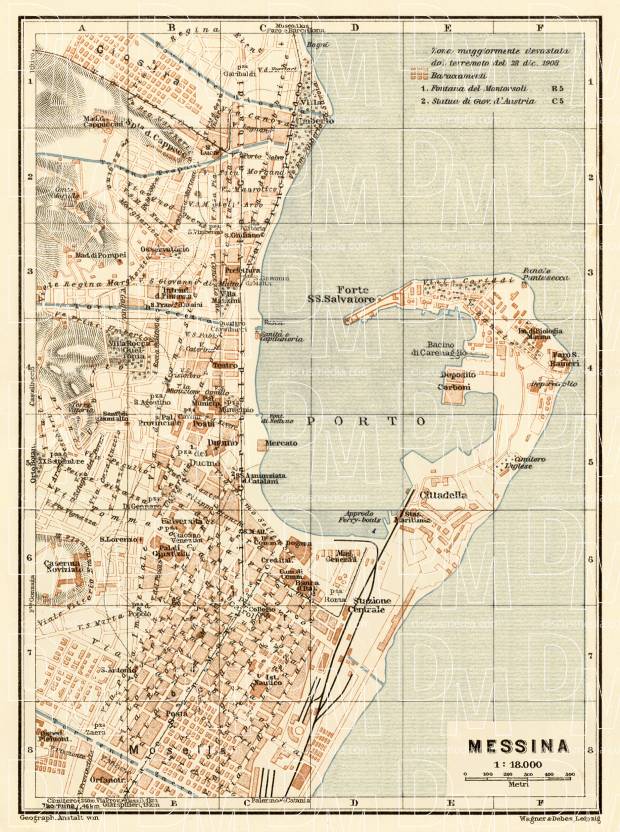 MESSINA town city plan piano urbanistico & environs Italy mappa 1912 old 