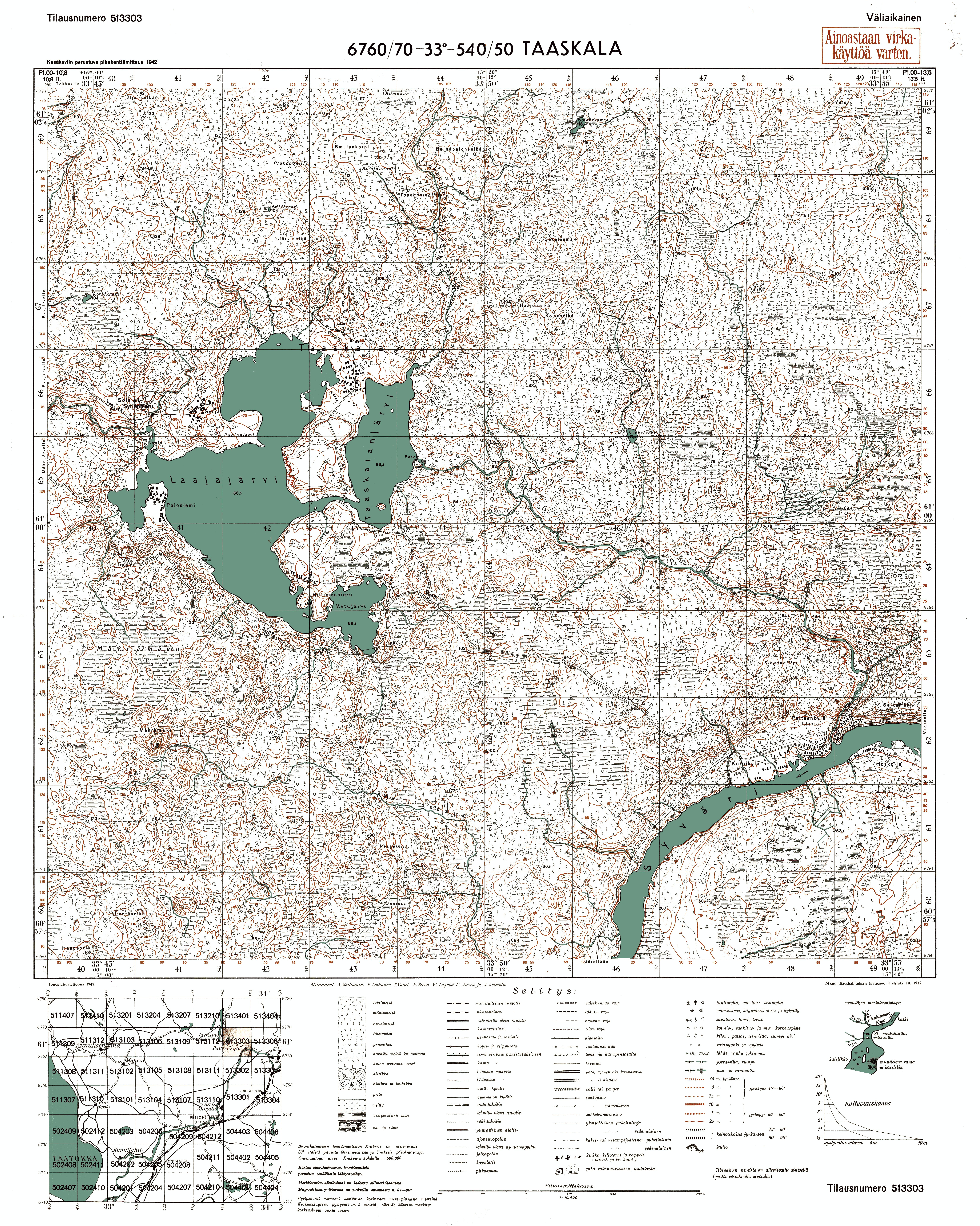 Taškenitsy. Taaskala. Topografikartta 513303. Topographic map from 1942. Use the zooming tool to explore in higher level of detail. Obtain as a quality print or high resolution image