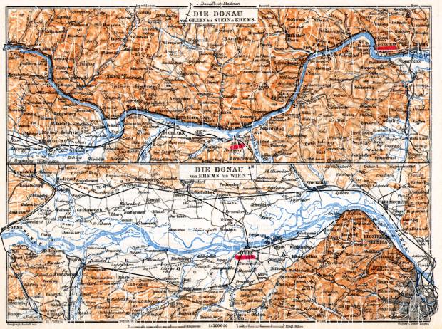 Danube River course map from Strudel to Vienna, 1911. Use the zooming tool to explore in higher level of detail. Obtain as a quality print or high resolution image