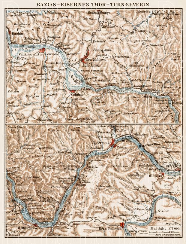 Danube River Course from Báziás (Socol, Baziaş) to the Iron Gates (Eisernes Thor) and Turn-Severin, region map, 1903. Use the zooming tool to explore in higher level of detail. Obtain as a quality print or high resolution image