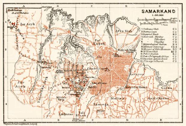 Samarkand (Самаркандъ, Samarqand) city map, 1914. Use the zooming tool to explore in higher level of detail. Obtain as a quality print or high resolution image