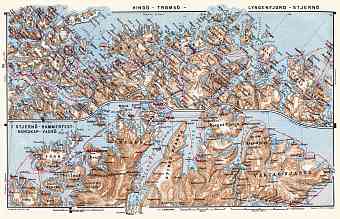 Hindö - Tromsö - Lyngenfjord - Stjernö. Stjernö - Hammerfest - Nordkap - Vadsö tourist route maps, 1910