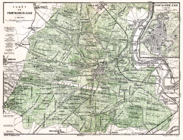 1900 Fontainebleau near Paris, France map. Antique. Château de  Fontainebleau.