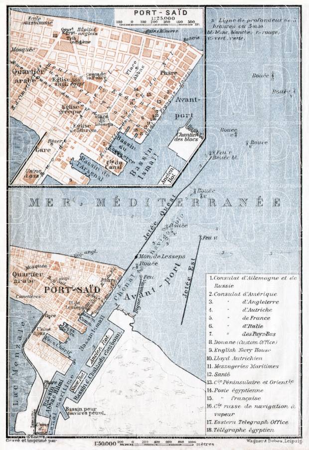 Port Saïd (بورسعيد, Borsaʿīd) city map, 1911. Use the zooming tool to explore in higher level of detail. Obtain as a quality print or high resolution image