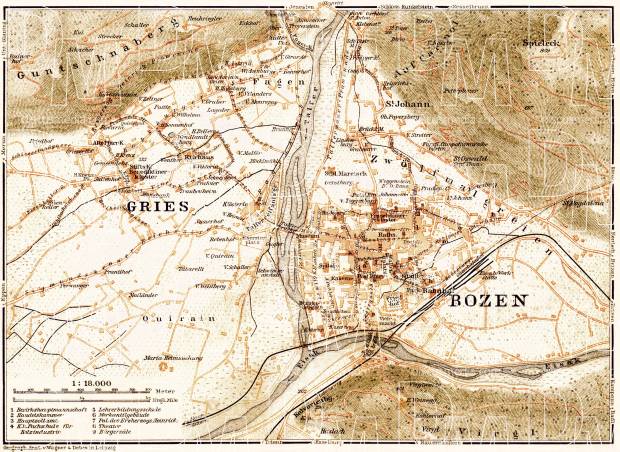 Bolzano (Bozen) and Gries city map, 1906. Use the zooming tool to explore in higher level of detail. Obtain as a quality print or high resolution image
