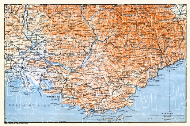 Riviera from Arles through Marseille to Nice map, 1913. Use the zooming tool to explore in higher level of detail. Obtain as a quality print or high resolution image