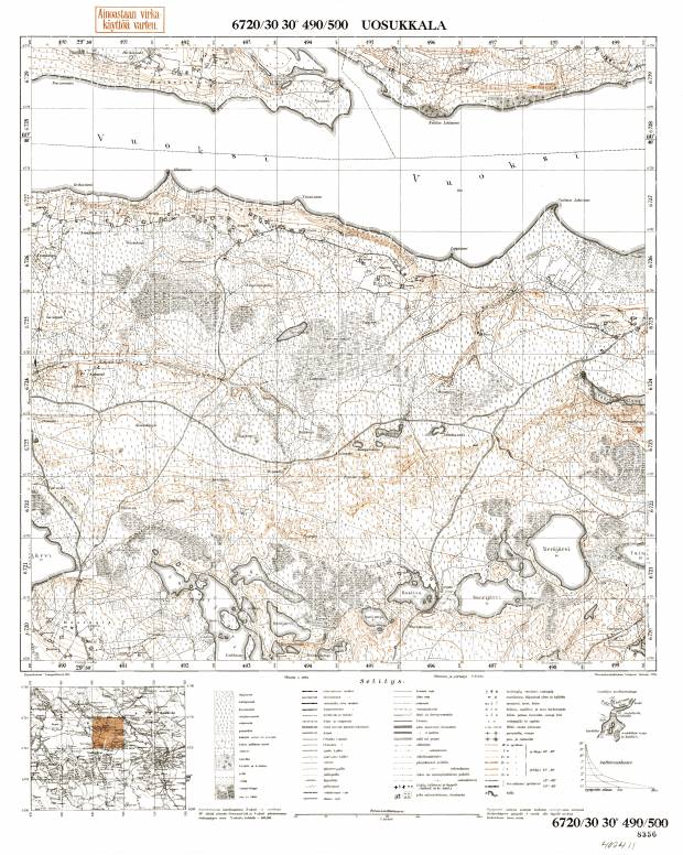 Mostovoje Village Site. Uosukkala. Topografikartta 402411. Topographic map from 1936. Use the zooming tool to explore in higher level of detail. Obtain as a quality print or high resolution image