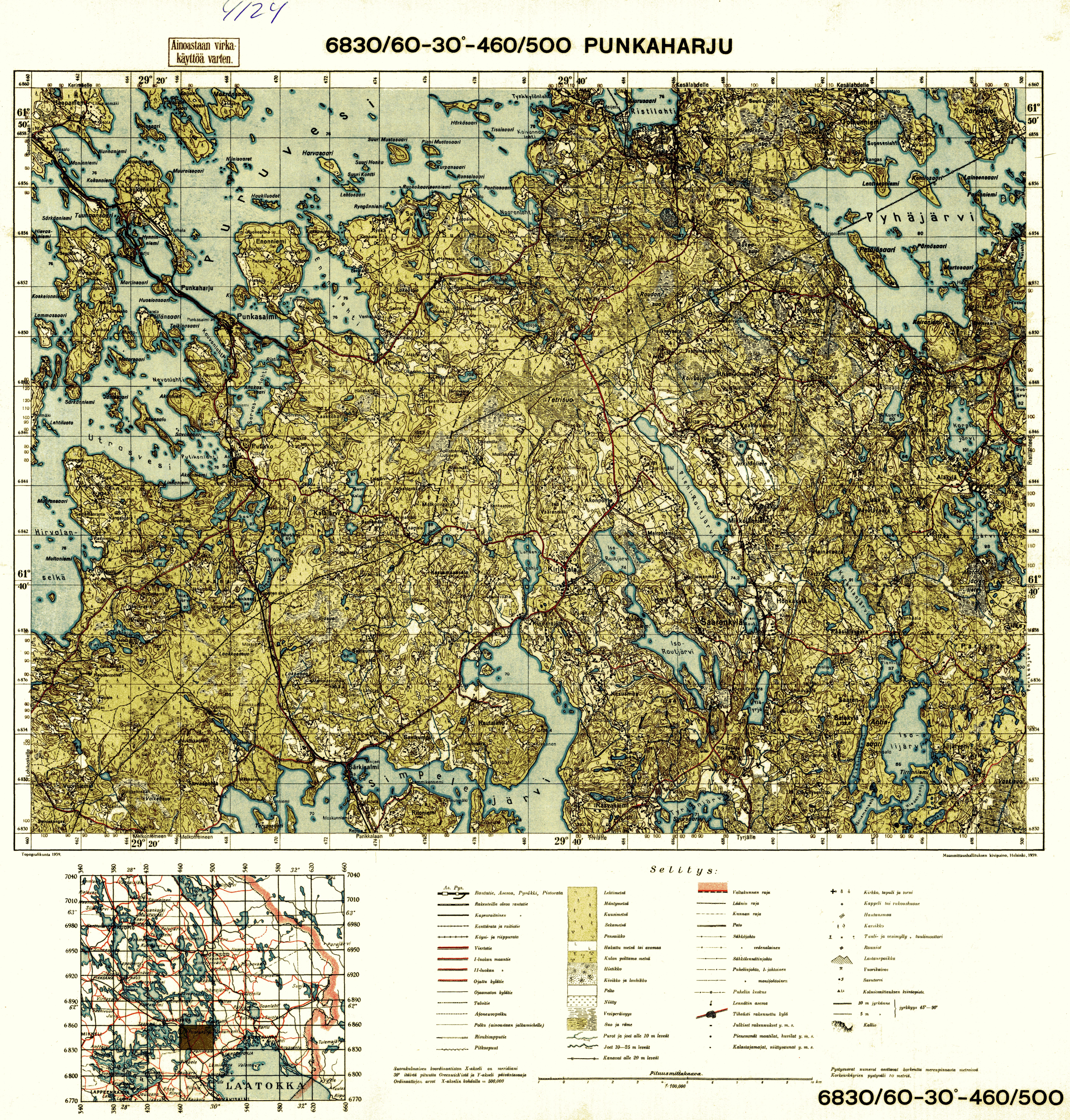 Punkaharju. Topografikartta 4124. Topographic map from 1939. Use the zooming tool to explore in higher level of detail. Obtain as a quality print or high resolution image