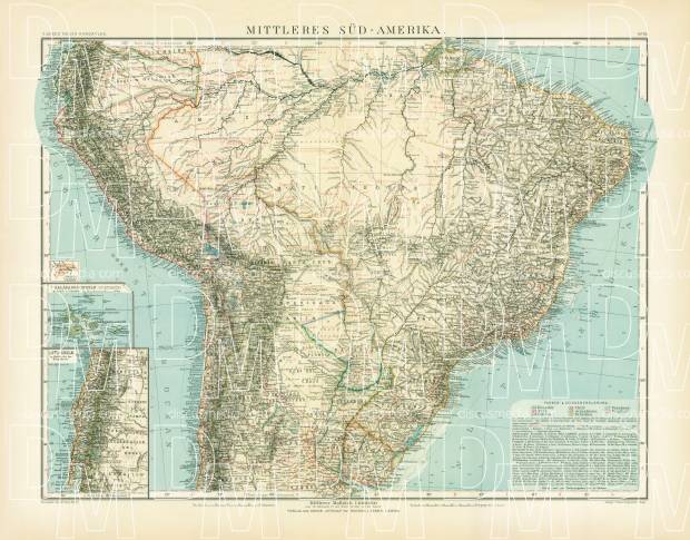 Central South America Map, 1905. Use the zooming tool to explore in higher level of detail. Obtain as a quality print or high resolution image
