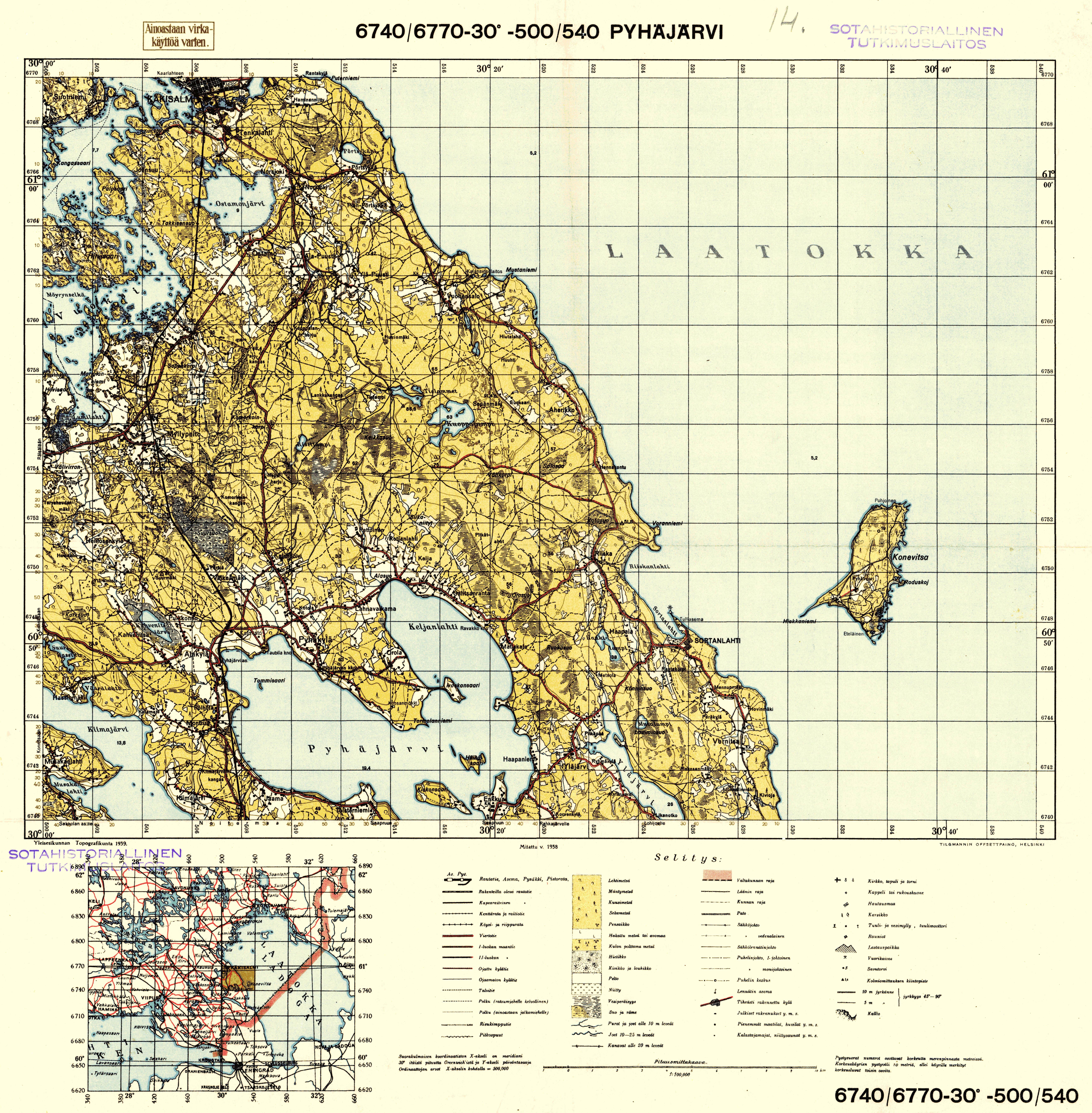 Plodovoje. Pyhäjärvi. Topografikartta 4131. Topographic map from 1939. Use the zooming tool to explore in higher level of detail. Obtain as a quality print or high resolution image