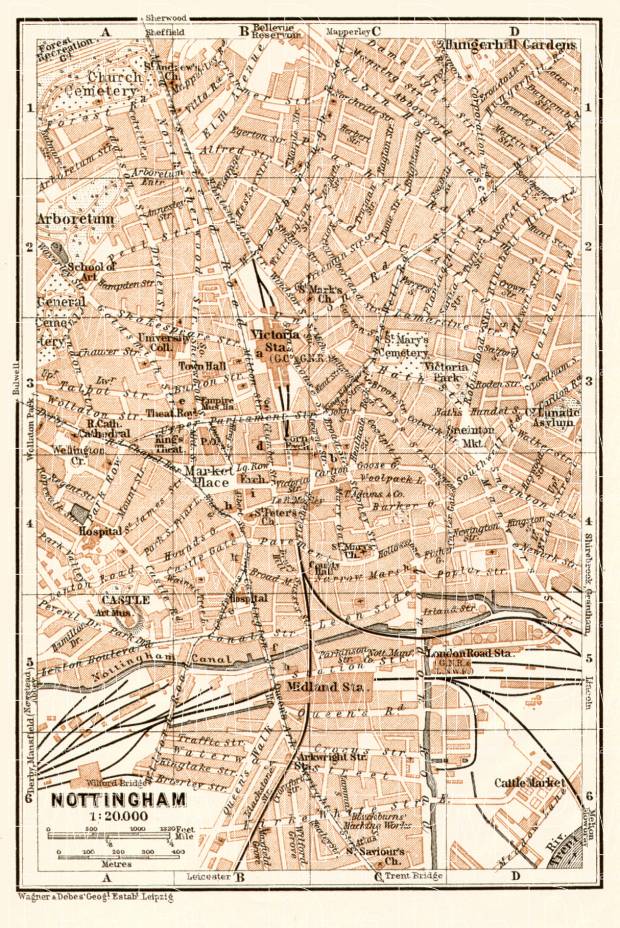 Nottingham city map, 1906. Use the zooming tool to explore in higher level of detail. Obtain as a quality print or high resolution image