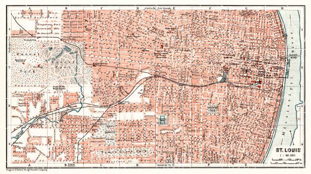 Old map of St. Louis in 1909. Buy vintage map replica poster print or download picture