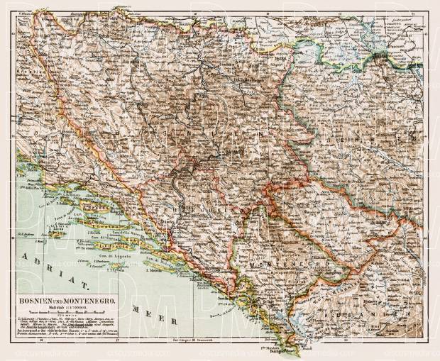 Map of Bosnia and Montenegro, 1903. Use the zooming tool to explore in higher level of detail. Obtain as a quality print or high resolution image