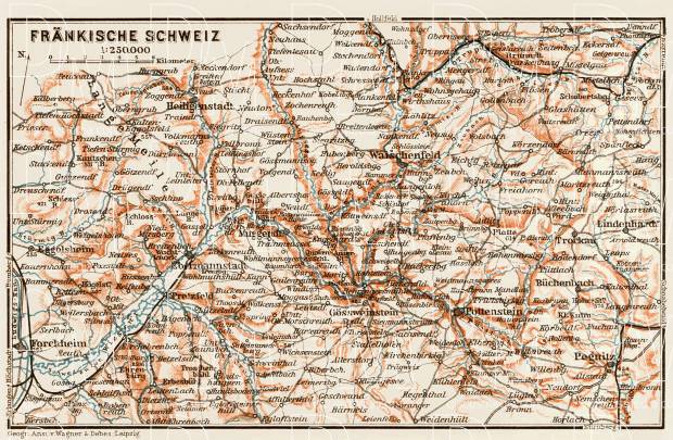 Map of the Franconian Switzerland - Fränkische Schweiz, 1909. Use the zooming tool to explore in higher level of detail. Obtain as a quality print or high resolution image