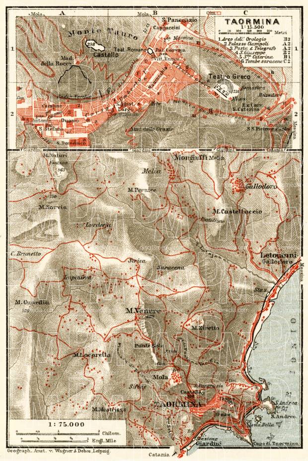 Taormina town plan. Environs of Taormina map, 1929. Use the zooming tool to explore in higher level of detail. Obtain as a quality print or high resolution image