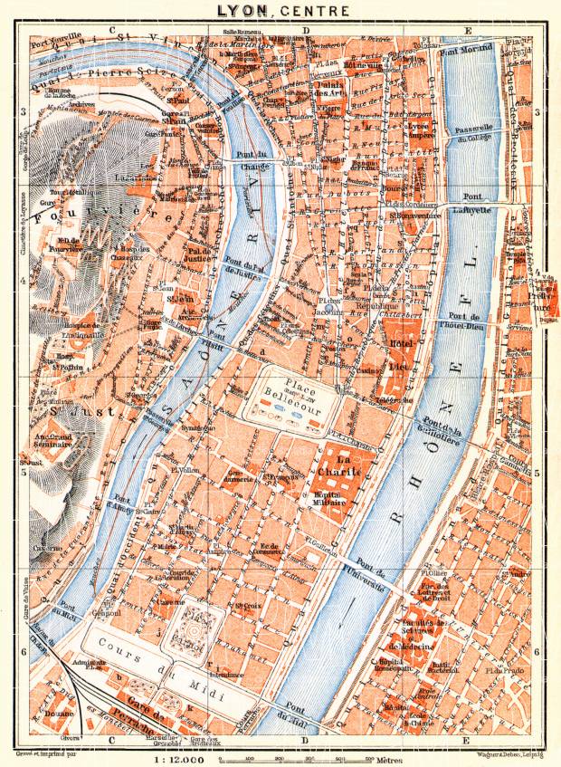 Old map of Lyon in 1913. Buy vintage map replica poster print or download picture