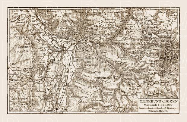 Bozen (Bolzano) and environs map, 1909. Use the zooming tool to explore in higher level of detail. Obtain as a quality print or high resolution image