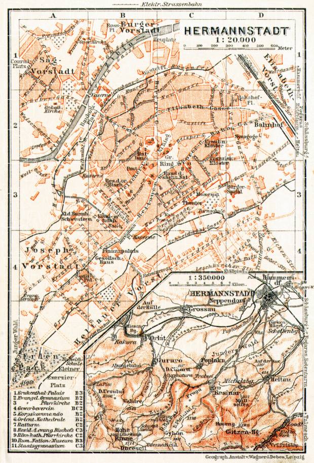 Hermannstadt (Sibiu), city map. Environs of Hermannstadt map, 1911. Use the zooming tool to explore in higher level of detail. Obtain as a quality print or high resolution image