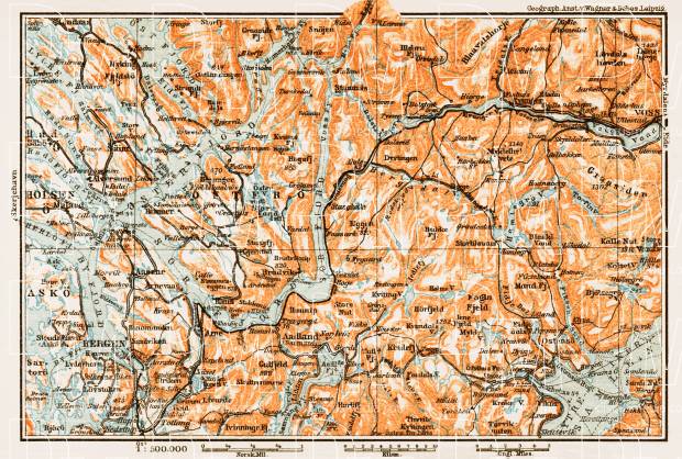 Bergen - Voss district map, 1931. Use the zooming tool to explore in higher level of detail. Obtain as a quality print or high resolution image