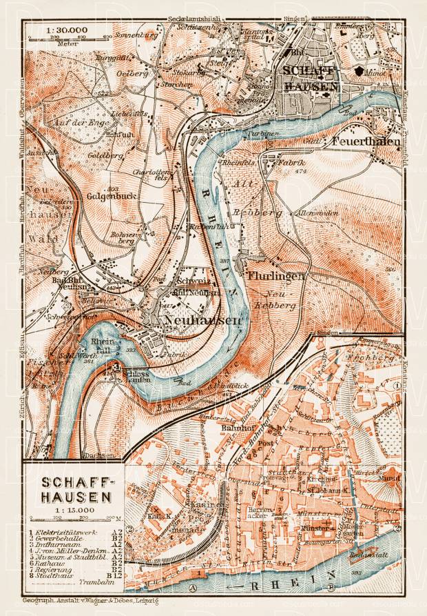 Schaffhausen (Schaffhouse) city map, 1909. Use the zooming tool to explore in higher level of detail. Obtain as a quality print or high resolution image