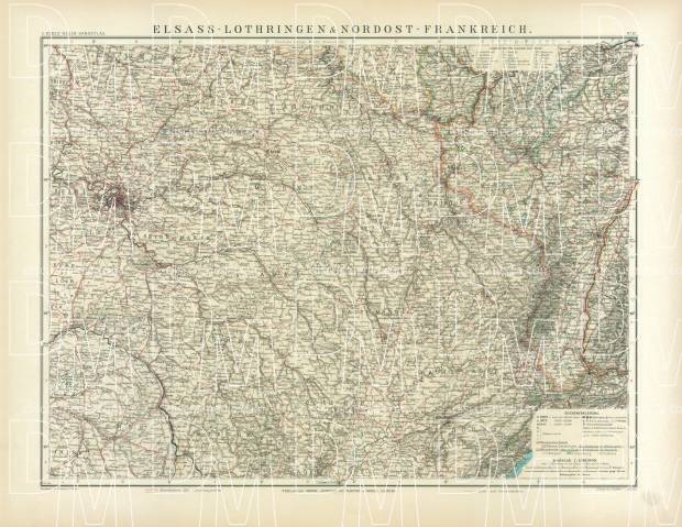 Alsace, Lotharingia and the Northeastern France Map, 1905. Use the zooming tool to explore in higher level of detail. Obtain as a quality print or high resolution image