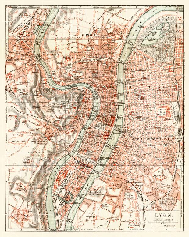 1913 Vintage Map of Lyon