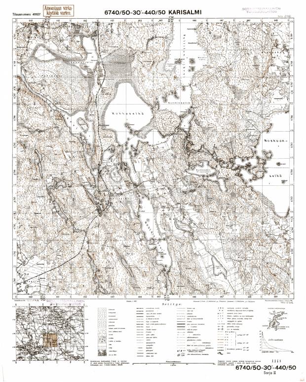 Gvardejskoje. Karisalmi. Topografikartta 411107. Topographic map from 1941. Use the zooming tool to explore in higher level of detail. Obtain as a quality print or high resolution image