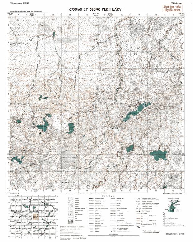 Pertozero. Perttijärvi. Topografikartta 515102. Topographic map from 1943. Use the zooming tool to explore in higher level of detail. Obtain as a quality print or high resolution image