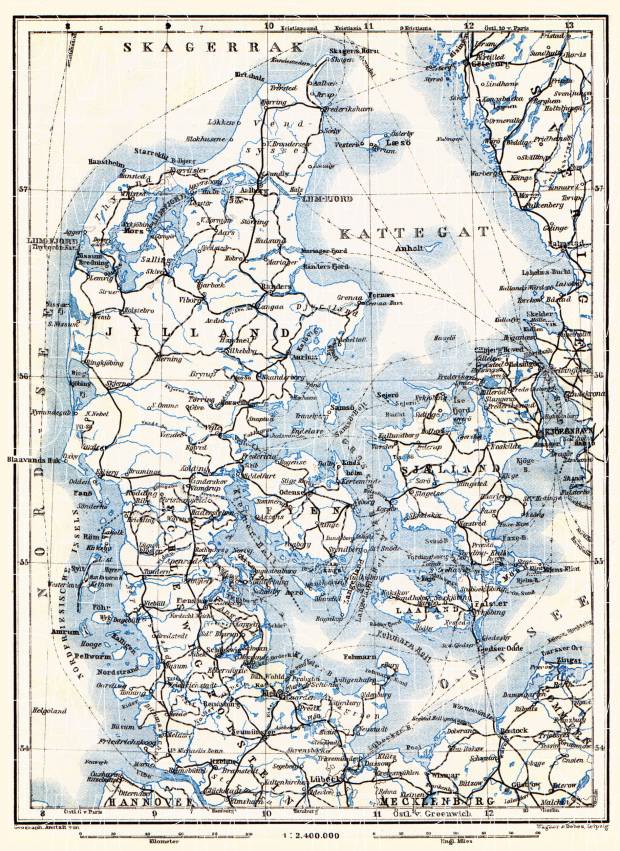 Schleswig and Denmark map, 1910. Use the zooming tool to explore in higher level of detail. Obtain as a quality print or high resolution image