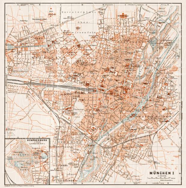 München (Munich) city map, 1909. Use the zooming tool to explore in higher level of detail. Obtain as a quality print or high resolution image