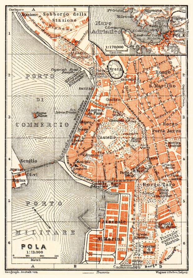 Pola (Pula) city map and environs map, 1911. Use the zooming tool to explore in higher level of detail. Obtain as a quality print or high resolution image
