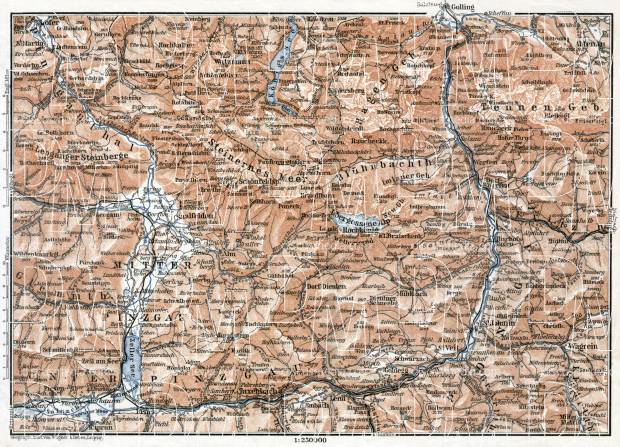 Königssee and environs, Salzach River and Salzach Valley area map, 1910. Use the zooming tool to explore in higher level of detail. Obtain as a quality print or high resolution image