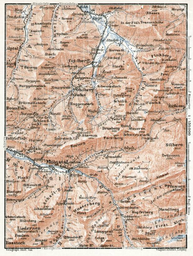 Muota Valley (Muotatal) environs, Pragel Pass and Sihl Valley (Sihltal) map, 1909. Use the zooming tool to explore in higher level of detail. Obtain as a quality print or high resolution image