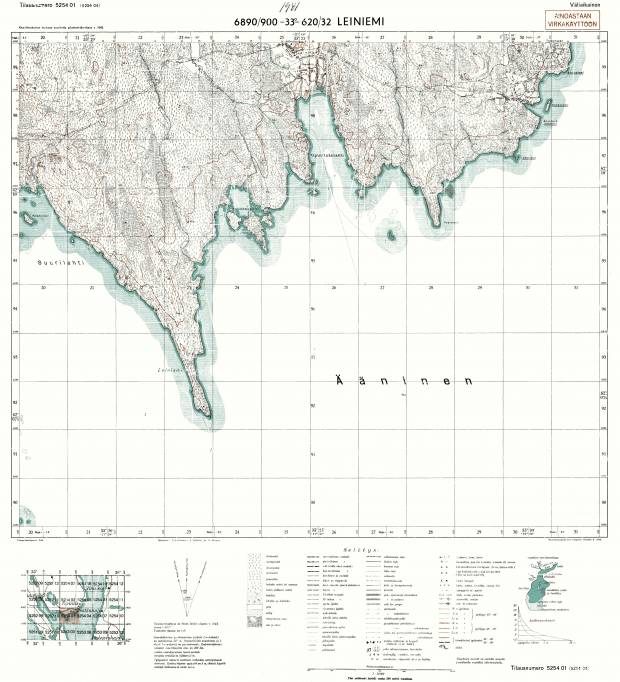 Leinavolok Bill. Leiniemi. Topografikartta 525401. Topographic map from 1944. Use the zooming tool to explore in higher level of detail. Obtain as a quality print or high resolution image