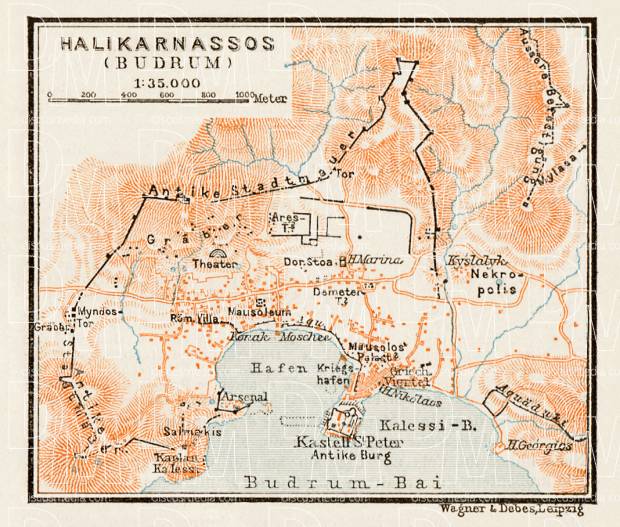 Halicarnassus (Halikarnassós, Bodrum), ancient site map, 1914. Use the zooming tool to explore in higher level of detail. Obtain as a quality print or high resolution image