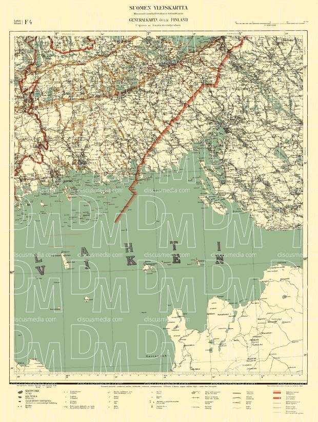 Kotka - Viipuri. Yleiskartta F4. General map from 1940. Use the zooming tool to explore in higher level of detail. Obtain as a quality print or high resolution image