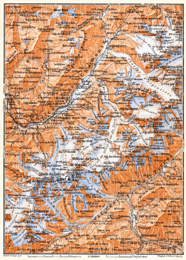Mont Blanc and Chamonix Valley map, 1900. Use the zooming tool to explore in higher level of detail. Obtain as a quality print or high resolution image