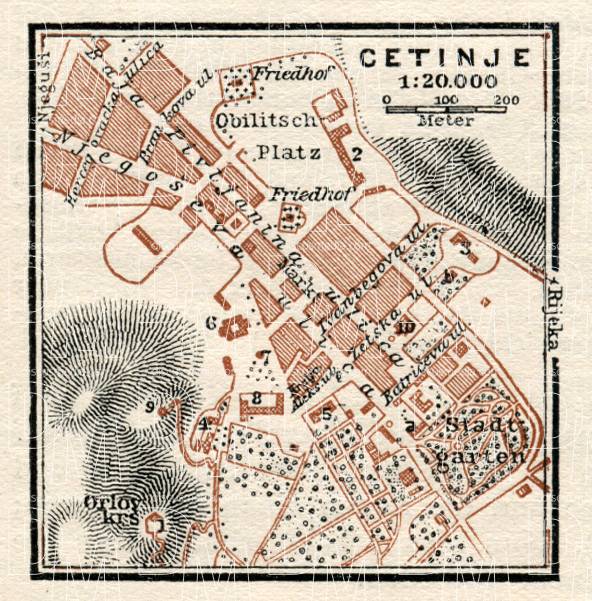 Cetinje city map, 1929. Use the zooming tool to explore in higher level of detail. Obtain as a quality print or high resolution image