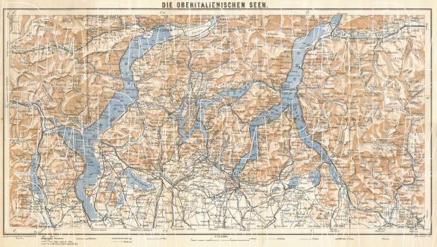 Italian Lakes. Como Lake (Lago di Como), Lugano Lake (Lago di Lugano) and Lake Maggiore with their environs, region map, 1929. Use the zooming tool to explore in higher level of detail. Obtain as a quality print or high resolution image