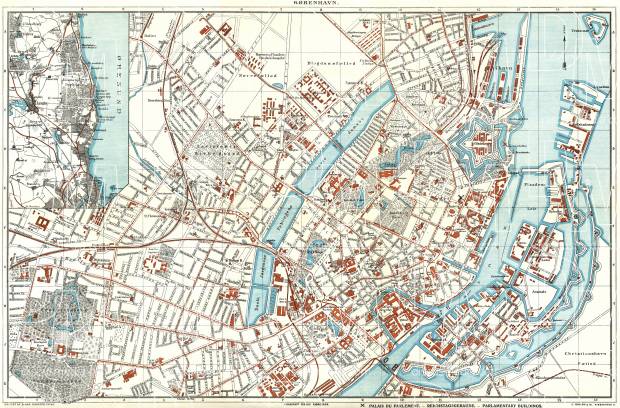 Copenhagen (Kjöbenhavn, København) city map, about 1910. Use the zooming tool to explore in higher level of detail. Obtain as a quality print or high resolution image